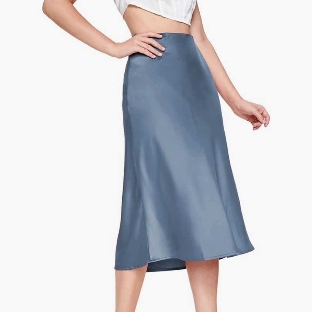 Satin A-Line Midi Skirt - Dusty Blue